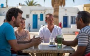 Einsamkeit vermeiden: So bleibst du auf Djerba nicht allein Auswandern nach Djerba, interkulturelle Gemeinschaft am Strand in Tunesien, mediterranes Lebensgefühl, lebendige Gespräche bei Kaffee und Wasser, entspannter Tag in einem Ferienort auf Djerba, ideal für Auswanderer und Urlauber.