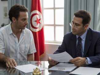 Auswandern nach Djerba, Beratungsgespräch zwischen zwei Männern vor tunisia-Flagge, Integration und Leben im Ausland, erfolgreiche Umsiedlung nach Djerba, expatriate in Tunesien, Djerba Lebensstil.