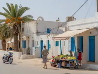 Gemütliche Straße in Djerba mit Market, Palmen und weißen typisch tunischen Häusern, perfekt für Auswandern nach Djerba.