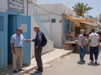 Auswandern nach Djerba, deutsche Expats beim Austausch in der Altstadt, lebendige Atmosphäre, palmengesäumte Straßen, typische Märkte, wunderschöne Sichelstrände, ideal für Auswanderer und Investoren.