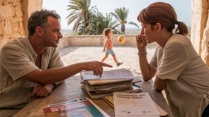 Entspanntes Gespräch über Auswandern nach Djerba bei warmem Wetter und Palmen im Hintergrund.