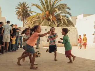 Fröhliche Kinder beim Spielen und Tanzen in Djerba, Tunesien, auf einer sonnigen Plaza mit Palmen, ideal für Auswandern nach Djerba, familienfreundliche Atmosphäre, lokale Kultur erleben.
