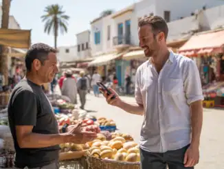 Auswanderer nach Djerba auf dem Markt, Austausch über Immobilienangebote, exotisches Händler-Drama in der Medina, umgeben von weißen Häusern, Palmen und bunten Ständen, perfekte Destination für Auswandern nach Djerba.