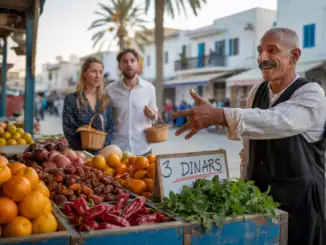 Obst- und Gemüsemarkt in Djerba mit freundlichen Verkäufern und Touristen, die lokale Produkte einkaufen, ideal für Auswanderung nach Djerba.