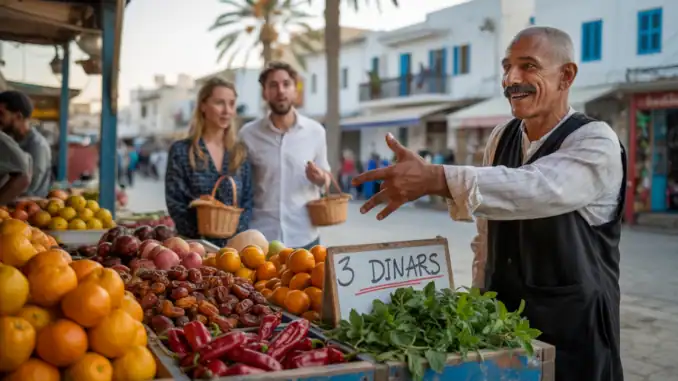 Obst- und Gemüsemarkt in Djerba mit freundlichen Verkäufern und Touristen, die lokale Produkte einkaufen, ideal für Auswanderung nach Djerba.