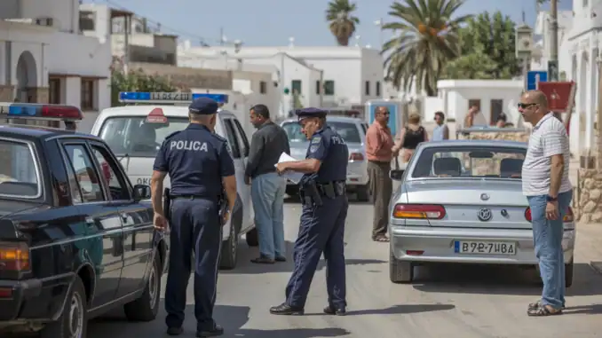Polizeikontrolle in Djerba, Tunesien, auf der Straße bei Sonnenschein, Touristen und Einheimische, die im Urlaub unterwegs sind, mit klassischen Fahrzeugen und palmengesäumten Straßen.