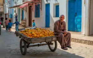 Straße in Djerba mit einem alten Mann auf einem Wagen