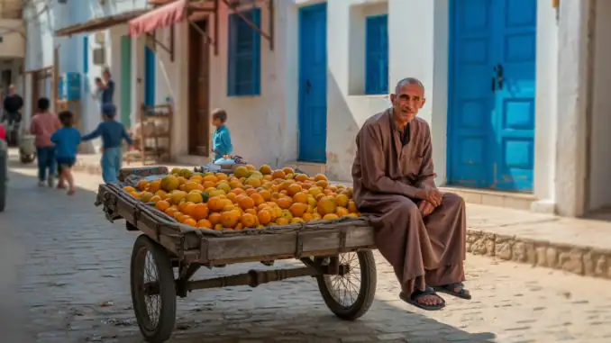 Obstverkäufer auf Djerba, bunte Orangen und Zitronen, traditionelles Stadtbild, Auswandern nach Djerba, marokkanische Atmosphäre, lebendige Märkte, authentisches nordafrikanisches Leben, exotischer Lebensstil, Djerba Travel.