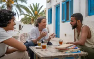 Tipps von denen, die’s geschafft haben Authentische auswanderung nach Djerba, freundschaftsgespräch im café, leben auf der insel, türkisblaues haus im hintergrund, djerba reisefreude.