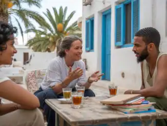 Authentische auswanderung nach Djerba, freundschaftsgespräch im café, leben auf der insel, türkisblaues haus im hintergrund, djerba reisefreude.
