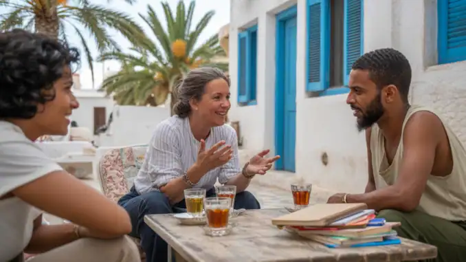 Authentische auswanderung nach Djerba, freundschaftsgespräch im café, leben auf der insel, türkisblaues haus im hintergrund, djerba reisefreude.