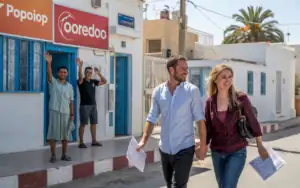 Was du auf Djerba als Erstes tun solltest Traum vom Auswandern nach Djerba: Glückliches Paar bei der Erkundung der Insel, begleitet von freundlichen Einheimischen, vor typischer weiß-blauer Architektur, für alle, die einen Umzug nach Djerba planen.