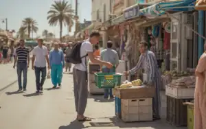 Typische Fettnäpfchen auf Djerba – und wie du sie vermeidest Hauptstraße auf Djerba, Austandern nach Djerba, lebendiges Leben, türkisblaue Märkte, frisches Obst, exotisches Flair, Auswanderung nach Djerba, tropische Insel, afrikanisches Inselparadies, touristischer Markt, authentisches Wohngefühl, Djerba Reise, Insel Indien Afrika.