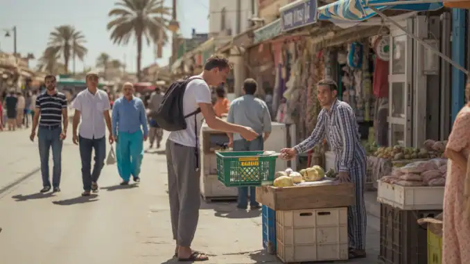 Hauptstraße auf Djerba, Austandern nach Djerba, lebendiges Leben, türkisblaue Märkte, frisches Obst, exotisches Flair, Auswanderung nach Djerba, tropische Insel, afrikanisches Inselparadies, touristischer Markt, authentisches Wohngefühl, Djerba Reise, Insel Indien Afrika.